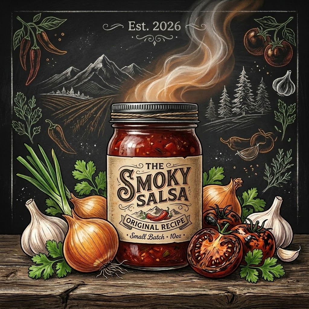 A single rustic glass jar of The Smoky Salsa on a dark wood table with fresh onions, garlic, and charcoal tomatoes
